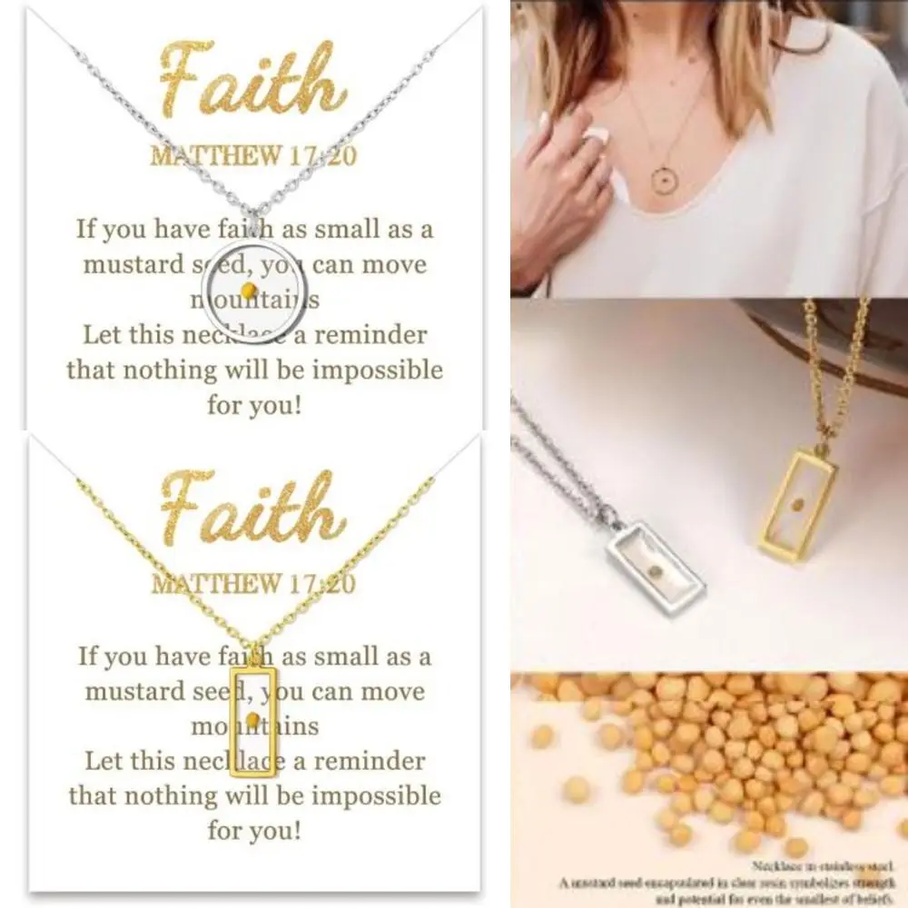 New Christian Gift Mustard Seed Gold Color Stainless Steel Pendant Silver Color Rectangular Shape Chain