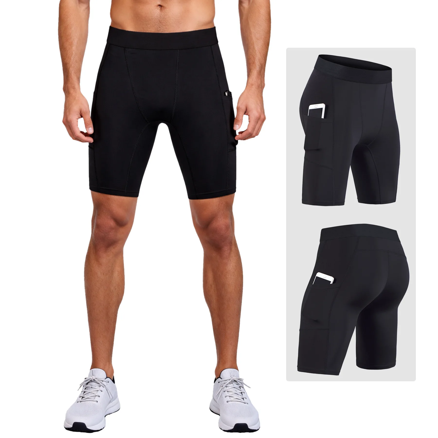 

Men's Compression Shorts with Side Pockets Quick Dry Fitness Running Sport Tight Pants Workout Gym Underwear Black Gray White