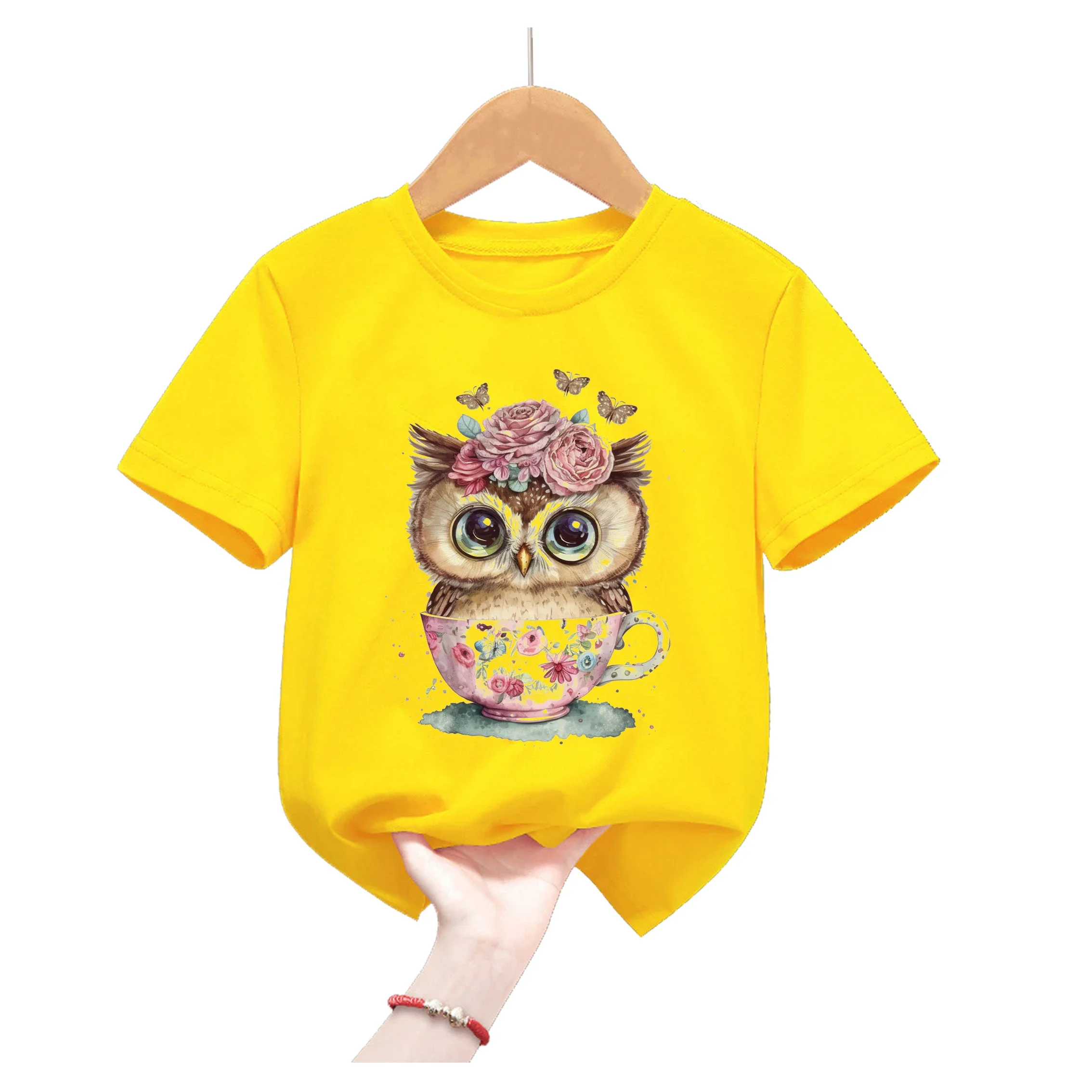 Cute Owls Love Printed Yellow T Shirt For Girls/Boys Kawaii Bird Flowers Kids Clothes Summer Short Sleeve T-Shirt Harajuku Shirt