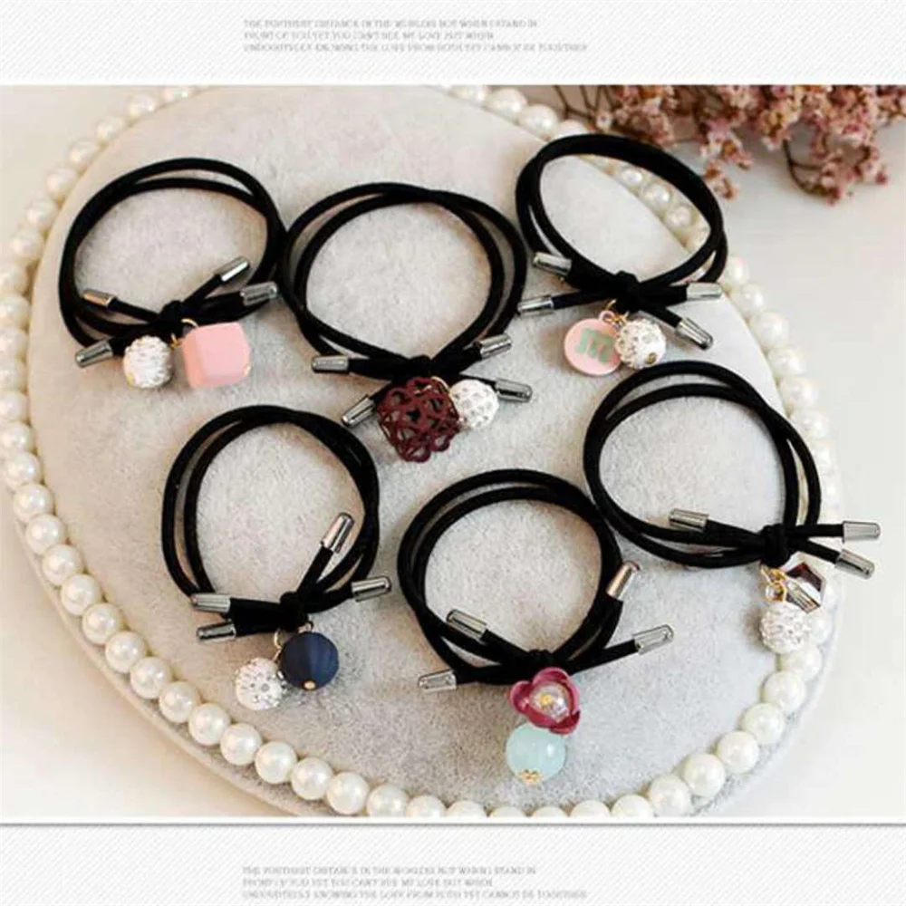 6Pcs/Set  Flower Ball Crystal Ribbon Hair Bands Ring Women Girl Elegant Elastic  Ponytail Holders Scrunchies Females Hair Ropes