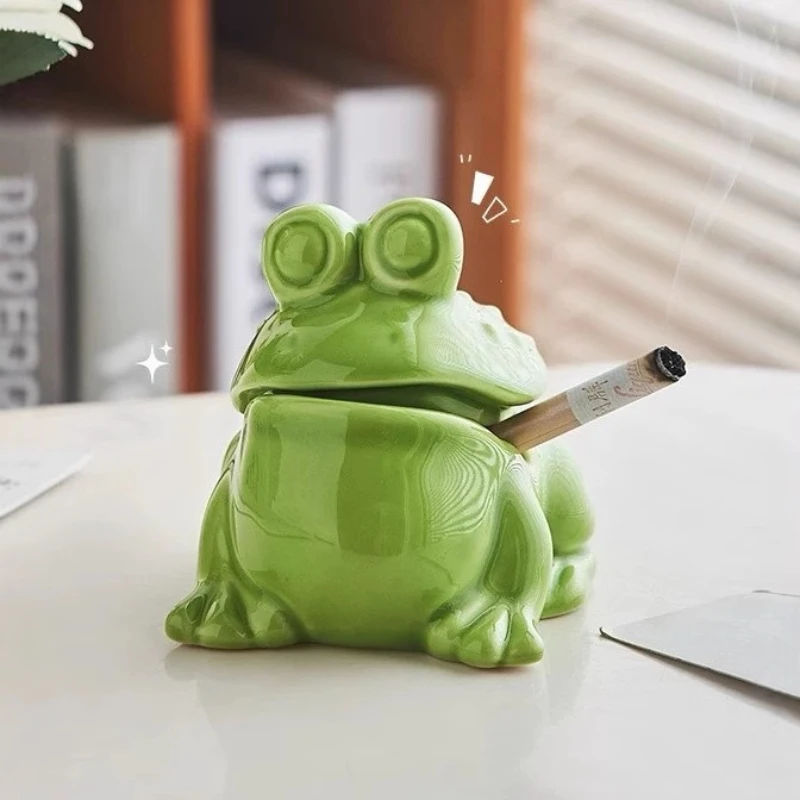Artistic Ceramic Frog Ashtray Figurine Multi-Purpose Tea Pet Storage Decor for Household Desk Office Craft Ornament