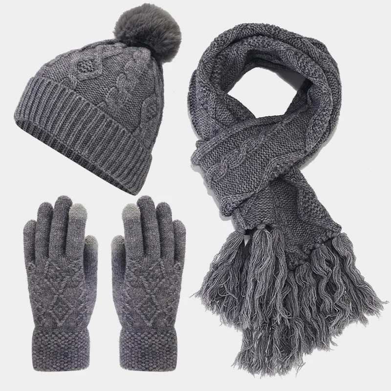 Winter Women 3pcs/set Beanies Long Scarf Gloves Fur Pompom Twist Knit Hats Thick Fleece-lined Scarf Long Fringe Solid Color