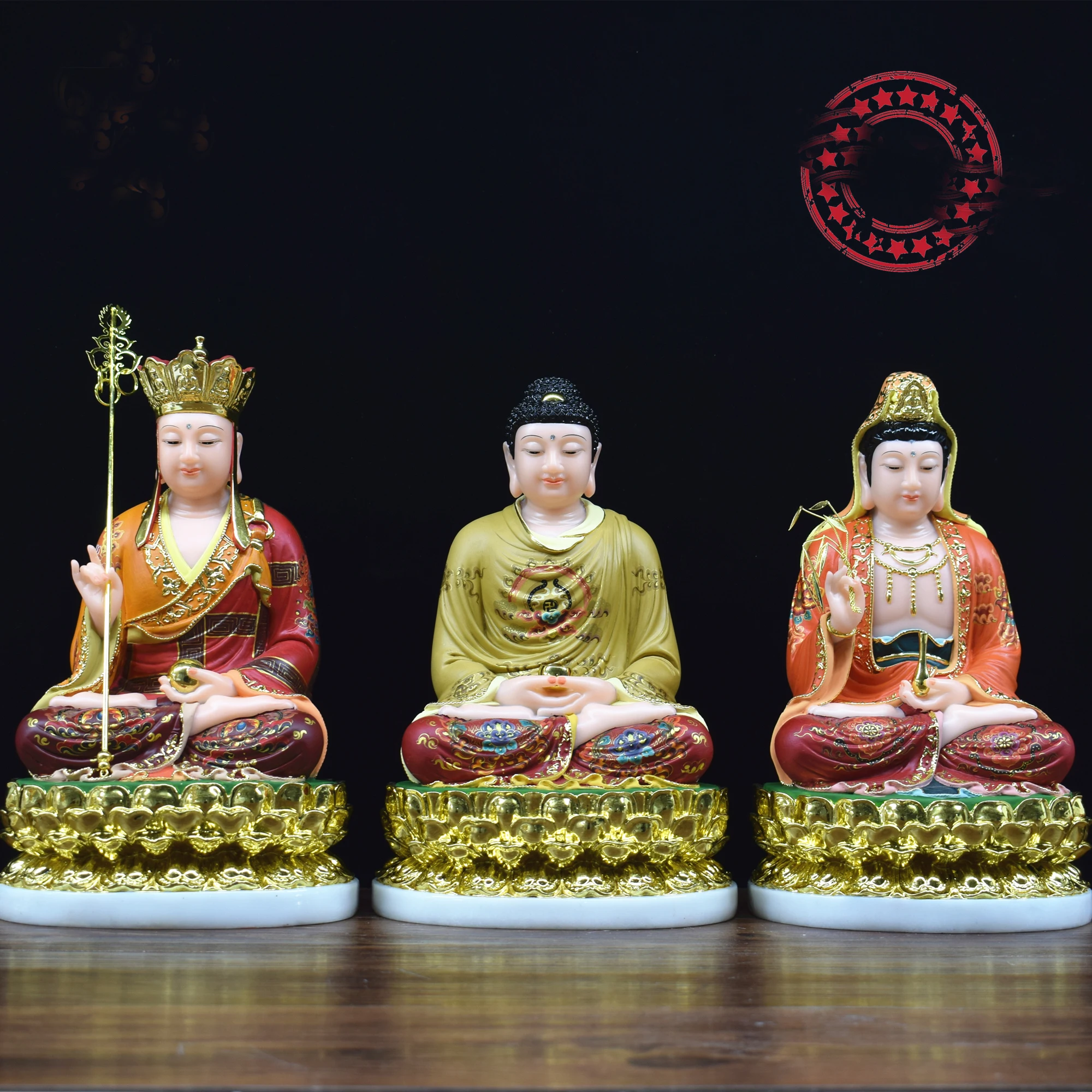 

3PCS High-grade Buddha statue Home store company Shrine bless safe Painted Sakyamuni Guanyin DI ZANG ksitigarbha jade gilding