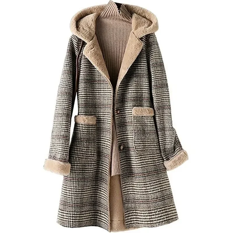 

2024 Winter New Women's Woolen Outerwear Skin Hair One Body Add Velvet Add Thick Keep Warm Jacket Medium Long Hooded Woolen Coat