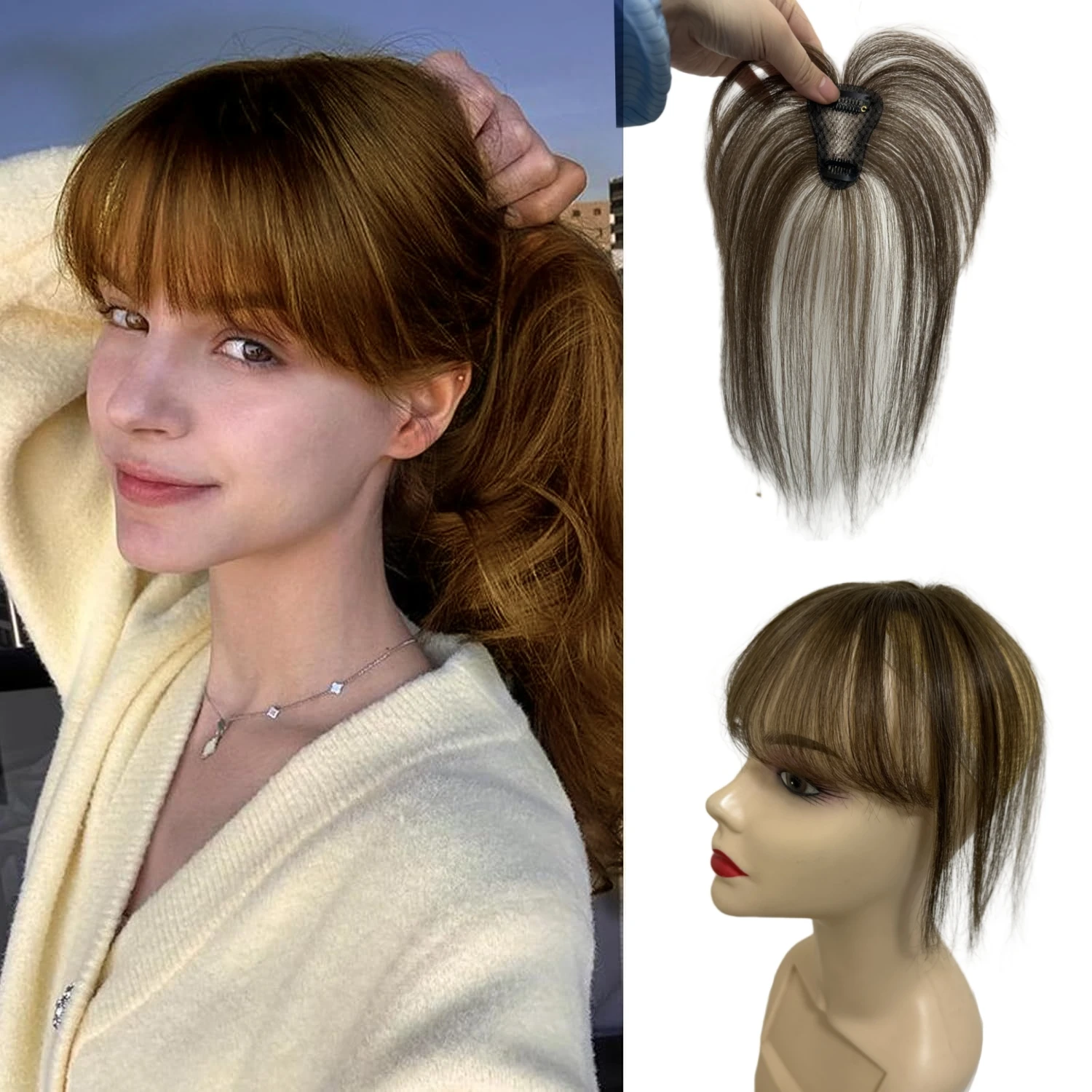 Poni Rambut Manusia Tak Terlihat untuk Wanita 4x6cm Basis Renda Swiss Warna Coklat Hairpiece Topper Jepit Ekstensi Rambut Manusia