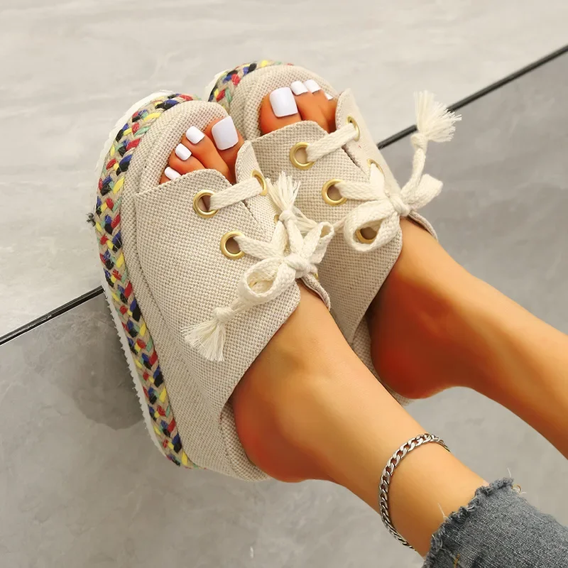 

Summer Women Shoes Lace Up Height Increase Wedge Slippers Woman Plus Size Open Toe Straw Platform Sandals Zapatillas Mujer2024