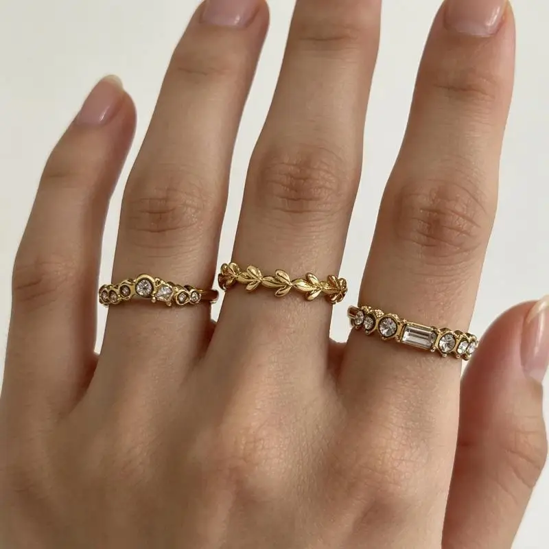 Dainty Gold Stackable Rings Set Vintage Twig Leaf Zircon Stacking Band Ring For Women Wedding Party Jewelry