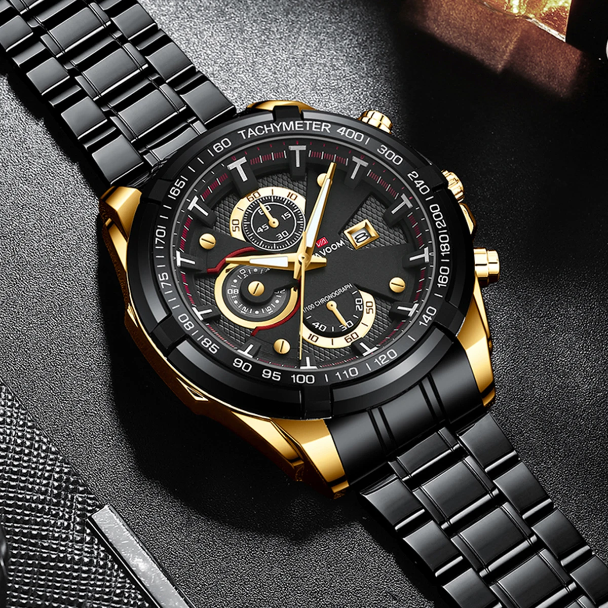 VA VOOM Mens Sports Watch 47mm Large Dial Black Rose Gold Stainless Steel Night Light Military Quartz Movement Men Wristwatches