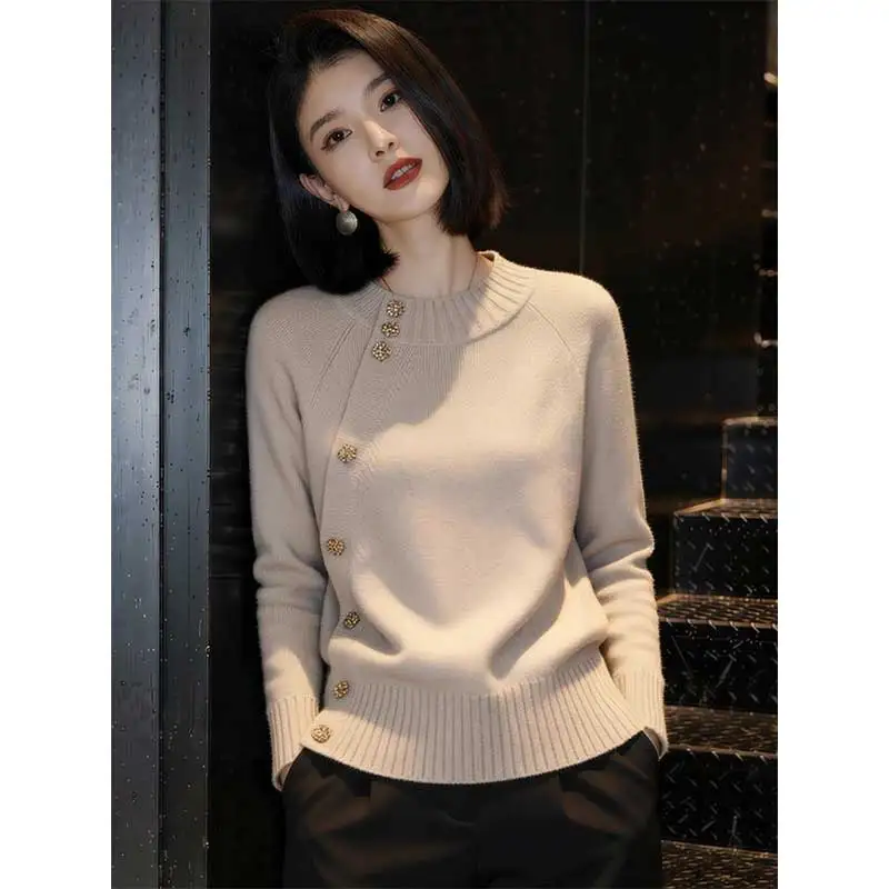 

Женская одежда: осенне-зимний модный свитер-пуловер с круглым вырезом, однотонный, вязаный, на пуговицах, универсальный, элегантный