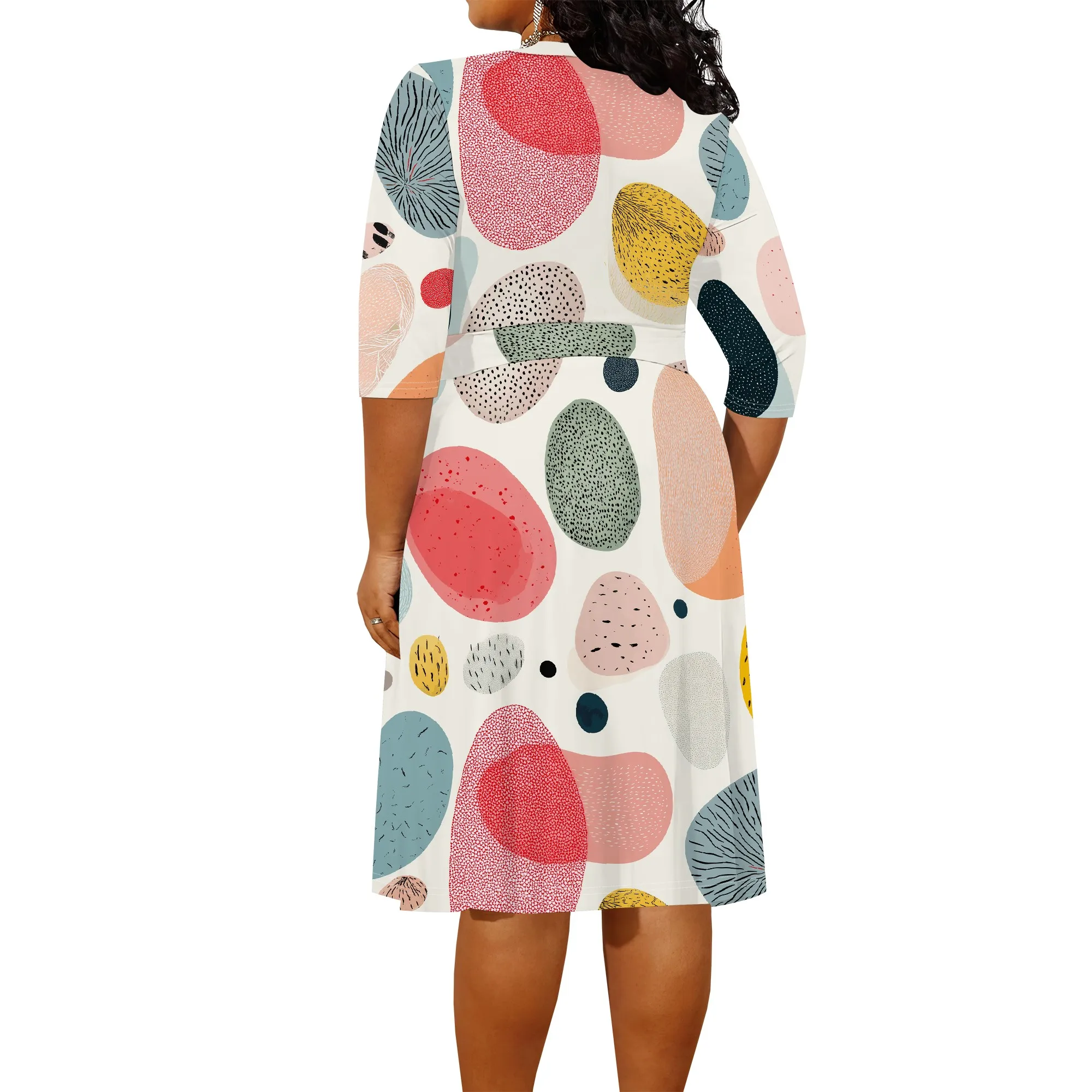 Abstract Plus Size Dress V-Neck 2025 New Multicolor Oval Print Wrap Style XL-6XL for Casual Summer Outing