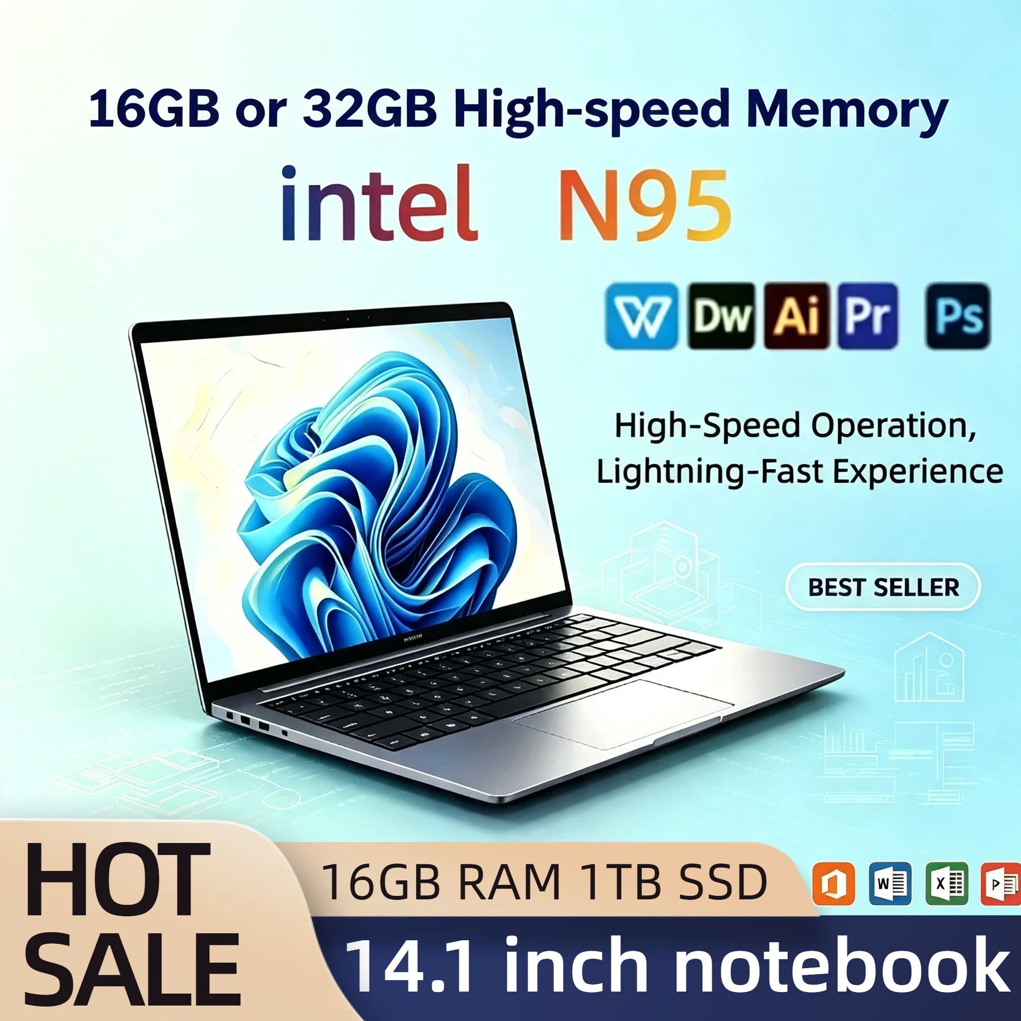 Intel N95 14.1 Inch Portable Laptop 4C4T 3.4GHz 15W 6MB Cache 32GB RAM 1TB 2TB SSD 1920x1080 Office Study Notebook PC Pro Unit