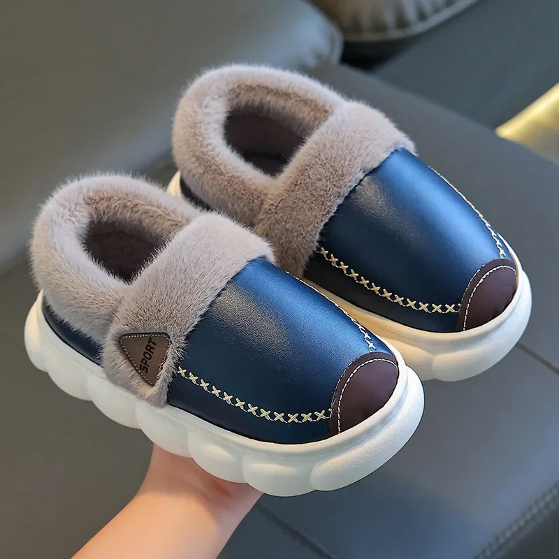 Women\'s Cotton Slippers Home Shoes Warm Female Winter Waterproof Indoor Leather Slippers Little Girls Soft Sole Woman Slides