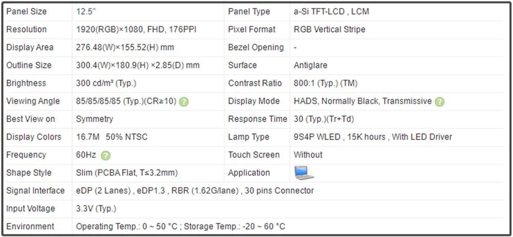 DP/N 01G14W NV125FHM-N62 12.5 inch Laptop LCD Screen IPS Panel EDP 30Pins FHD 1920x1080 350 cd/m² (Typ.) 60Hz