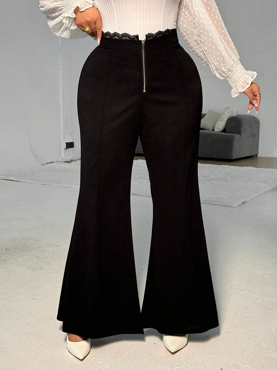 

Женские брюки больших размеров с высокой талией, расклешенные, с кружевной отделкой, облегающие, элегантные, для офиса, весна-лето, эластичные