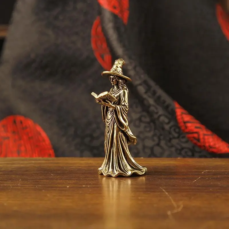 [S]Brass Magic Witch Figurines Miniatures Desktop Ornaments Retro Metal Models Small Statue Home