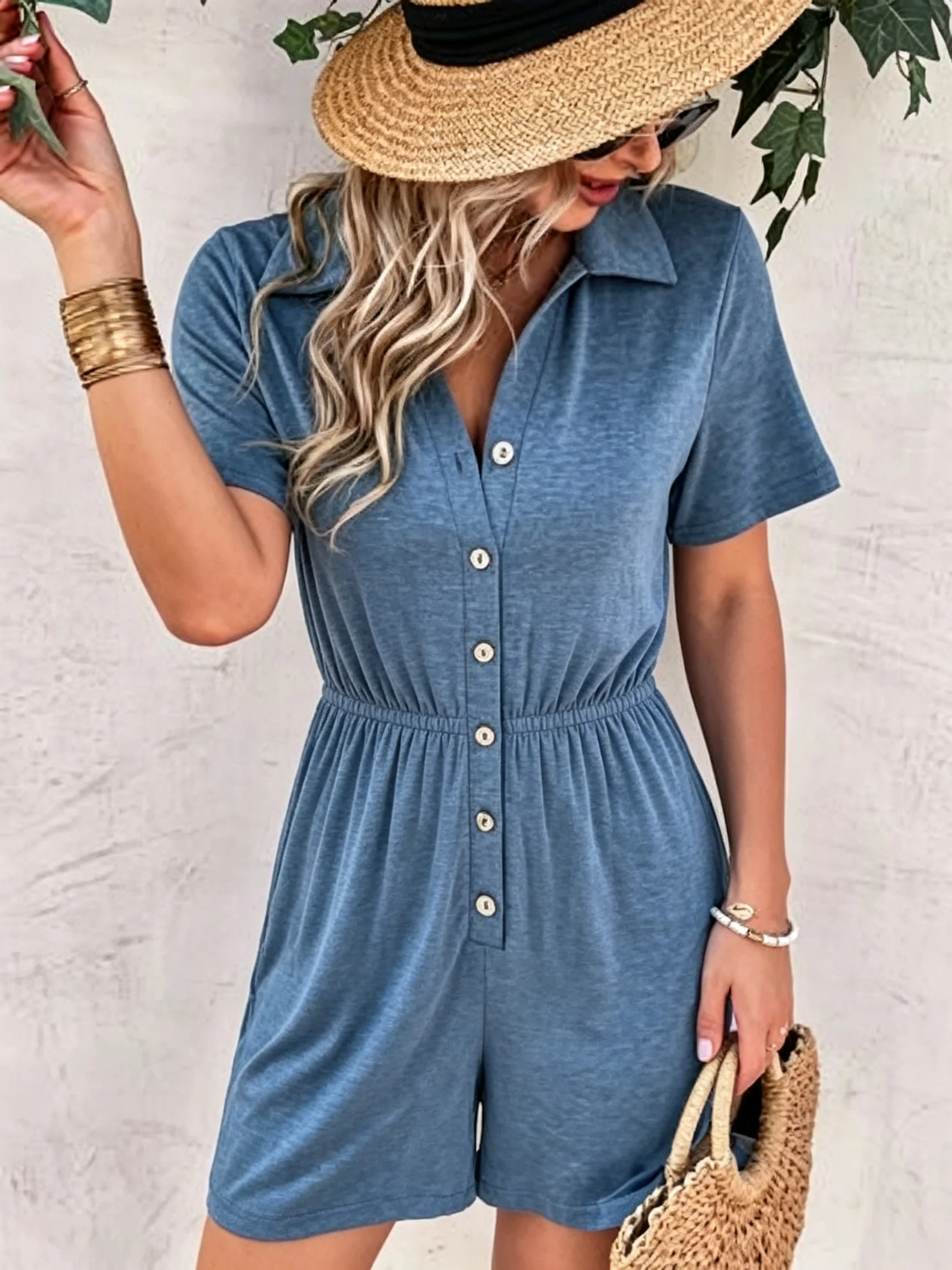 Women's Casual Romper Short Pants Turn-down Collar Short Sleeve Single Button Loose Breathable Slimming One-Piece Suit