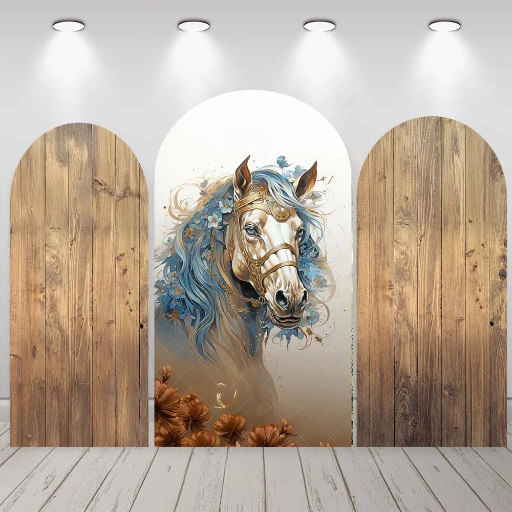 Cavallo Tavola di legno Texture Arco Sfondo Personalizzato Baby Shower Decor Copertura ad arco Ritratto Fotografia Sfondo Studio fotografico Prop