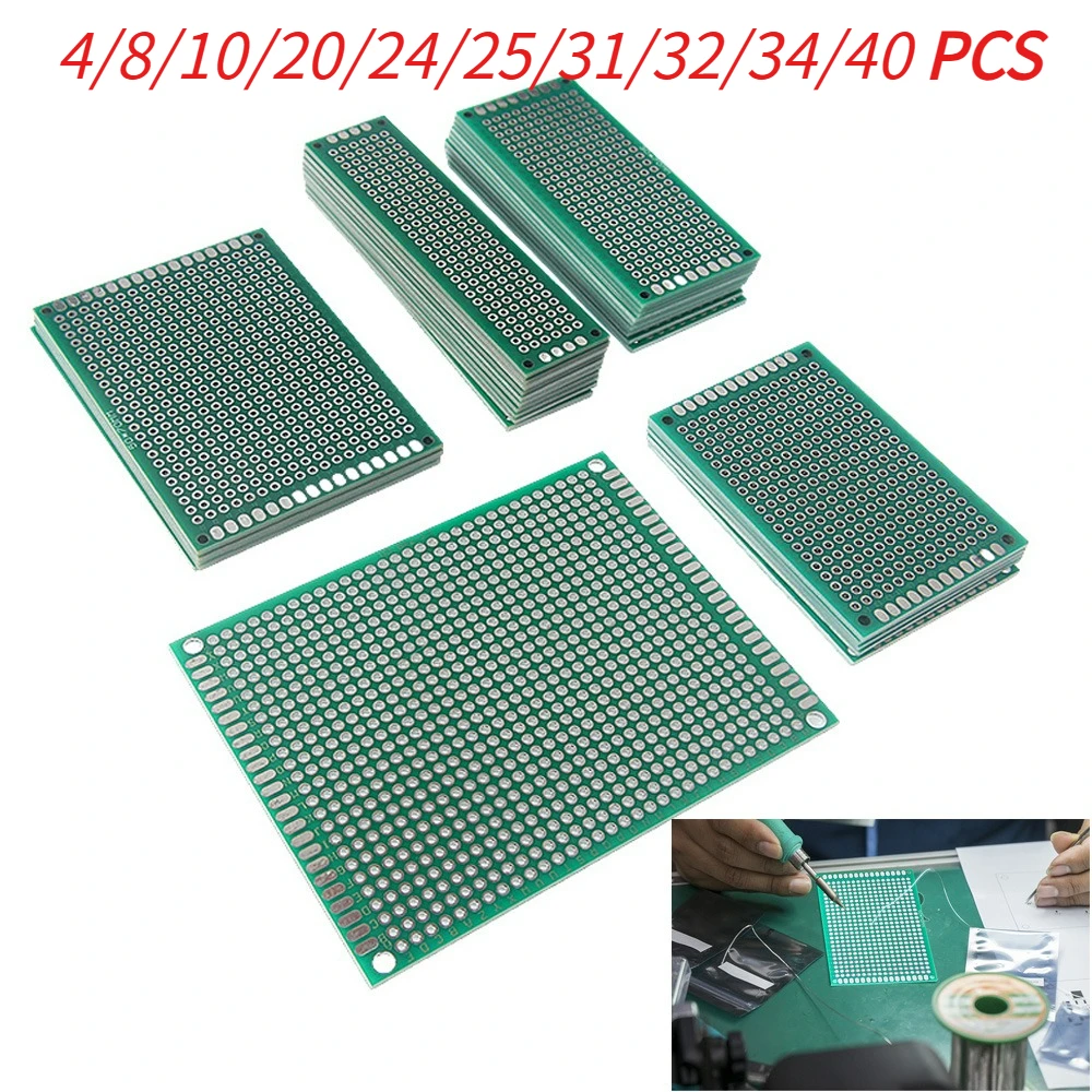 4-40pcs PCB Boards Prototype Set Green 2x8/3x7/4x6/5x7/7x9cm Double Sided Circuit Boards Universal PCB for DIY Soldering Project