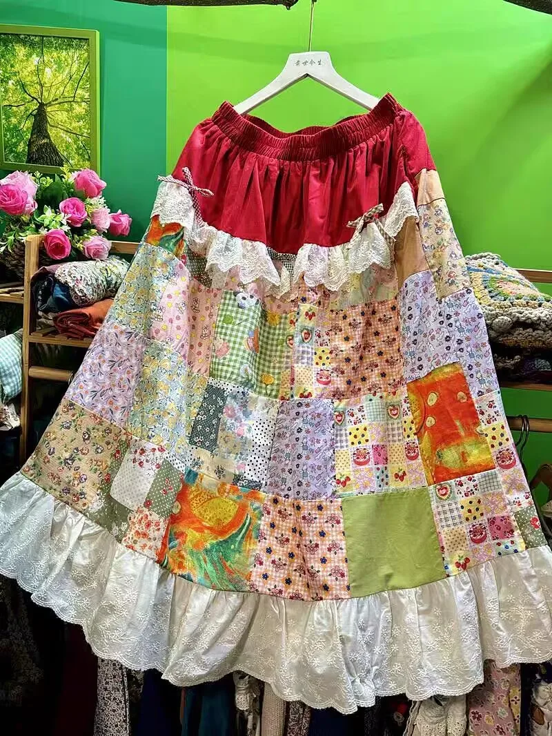 Mori menina feminina algodão retalhos babados rendas denim midi saia vintage retro chique cottagecore doce bonito lolita saia longa