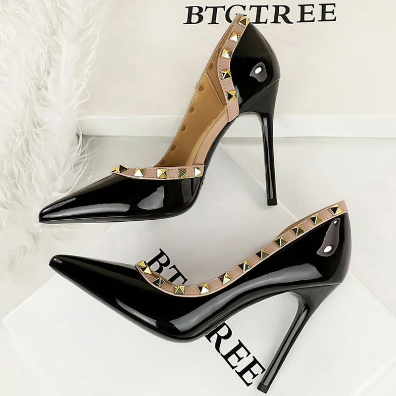 BIGTREE Shoes Rivet Design Women Pumps Patent Leather High Heels 10.5 CM Stiletto Sexy Party Shoes Women Heels Large Size 43
