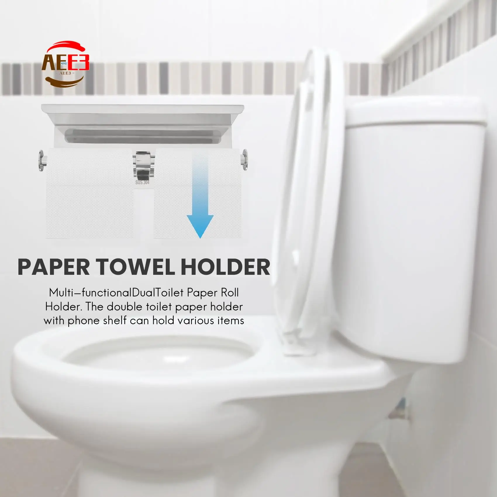 

AEE3-Double Toilet Paper Holder With Phone Shelf, Dual Roll Paper Dispenser With Shelf,Toilet Tissue Roll Holder With Rack