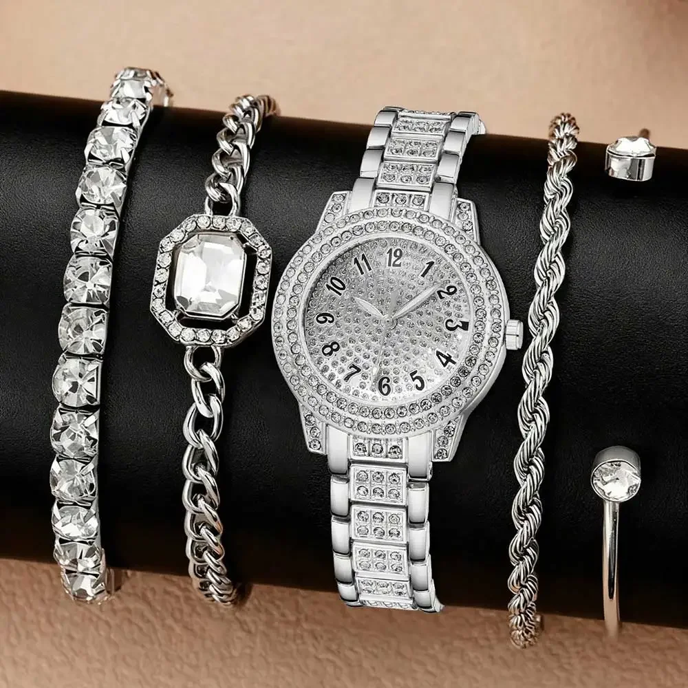 AAAFull Diamond Silver Steel Band Women's Watch Diamond Bracelet Fried Dough Twists Bracelet Earrings Five Piece Set Accessories