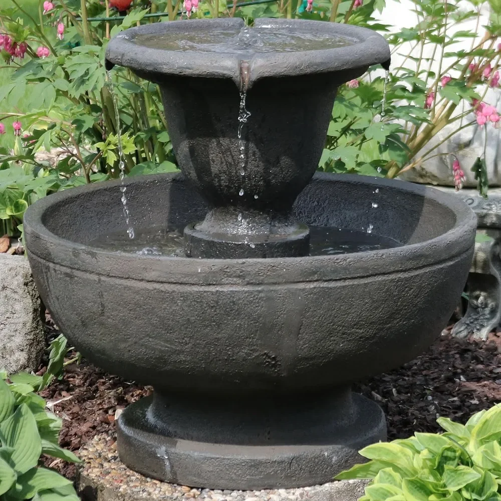 25-Inch H Streaming Falls 2-Tier Outdoor Water Fountain, Waterfall Feature for The Yard or Patio, Brown, Waterfall Fountain