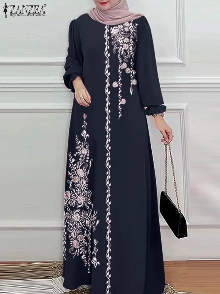 

ZANZEA Women Vintage Floral Print Muslim Dress Fashion Long Sleeve Abaya Maxi Sundress Robe Femme Marocain Dubai Turkey Vestido