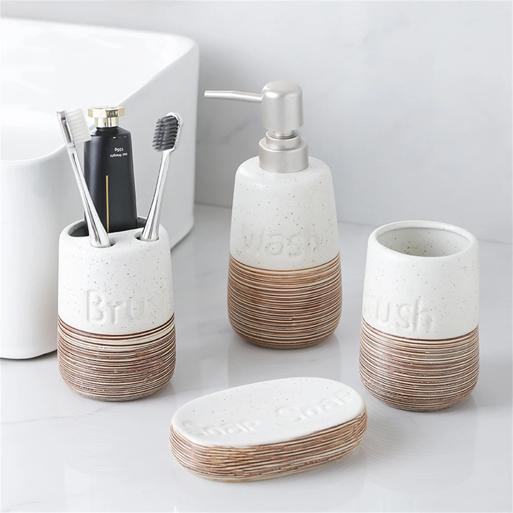4-Piece Ceramic Bathroom Accessory Set, Elegant White & Brown Finish, Vanity Countertop Kit for Home Hotel Bathroom Decor