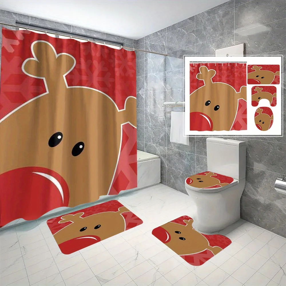 

4pc Cartoon reindeer pattern bathroom set, includes shower curtain with hooks, U-shaped mat, non-slip mat, and toilet seat cover