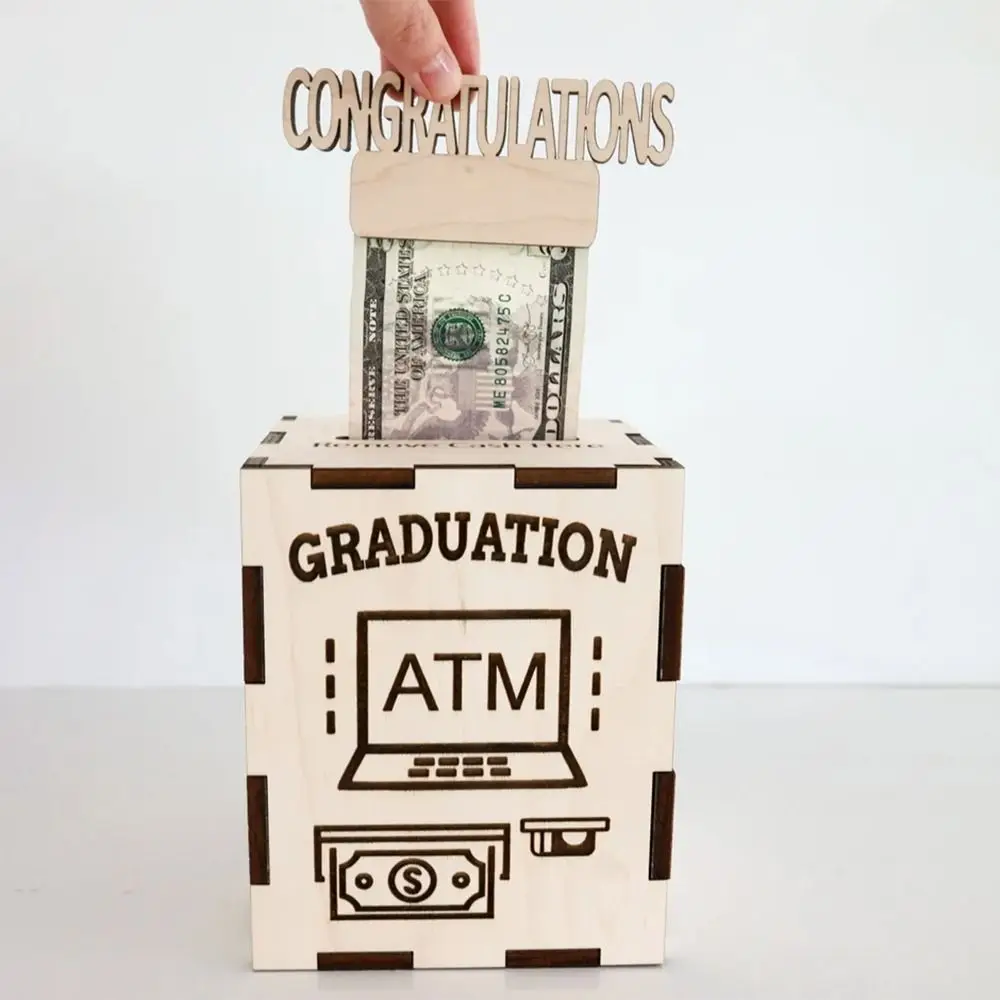 

Wooden Graduation Money Gift Box ATM Design Graduation Party Cash Money Saving Box Grad Celebrations Congratulations Card Holder