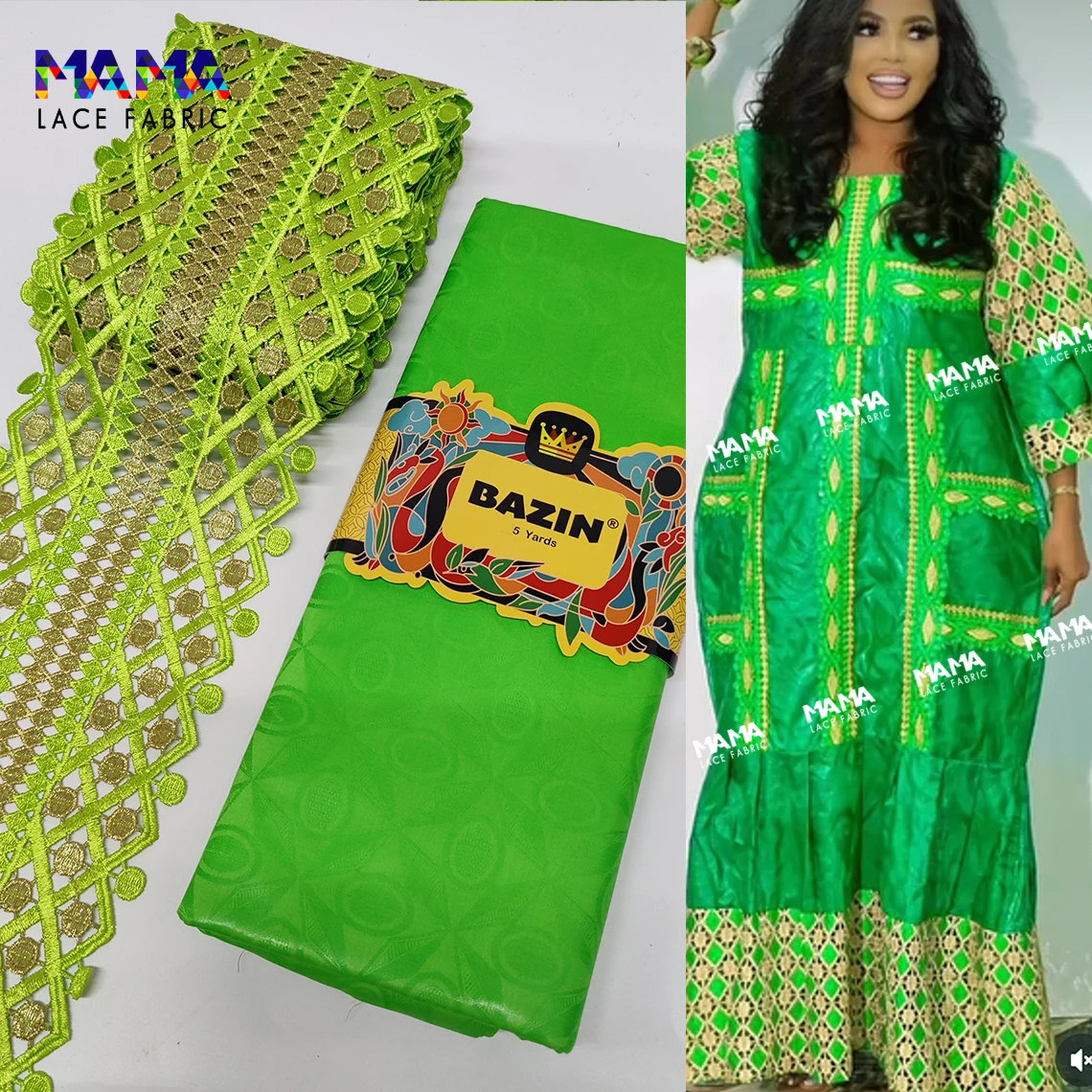 

2025 Nigerian Original Bazin Riche Fabric With Lace Trim Ribbon African Basin Riche Mali Women Wedding Sewing DIY Fabrics
