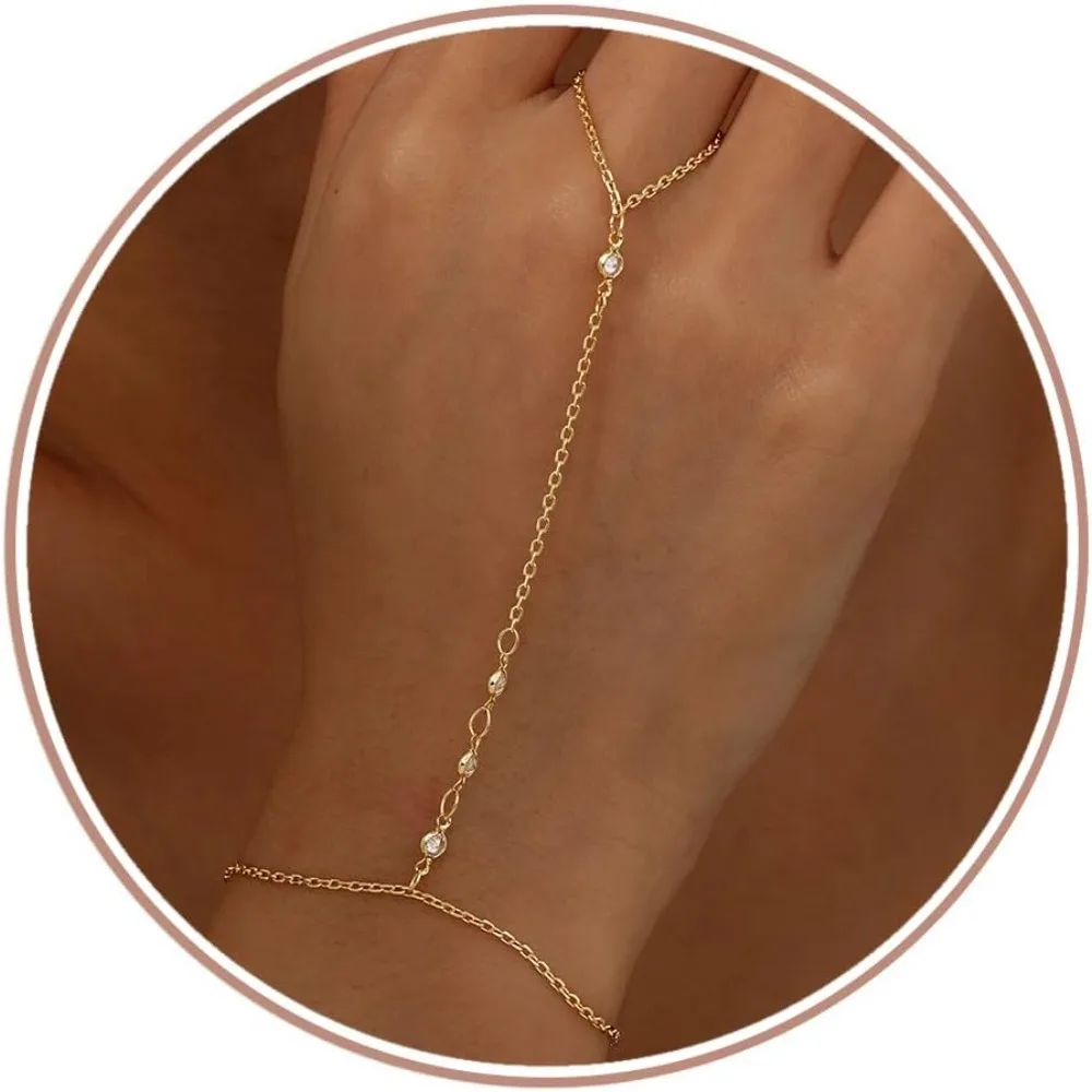 Bobisty 14K Gold Plated Hand Chain Bracelets for Women CZ Ring Bracelet Dainty Stackable Link Chain Bracelets Hand Jewelry Gifts