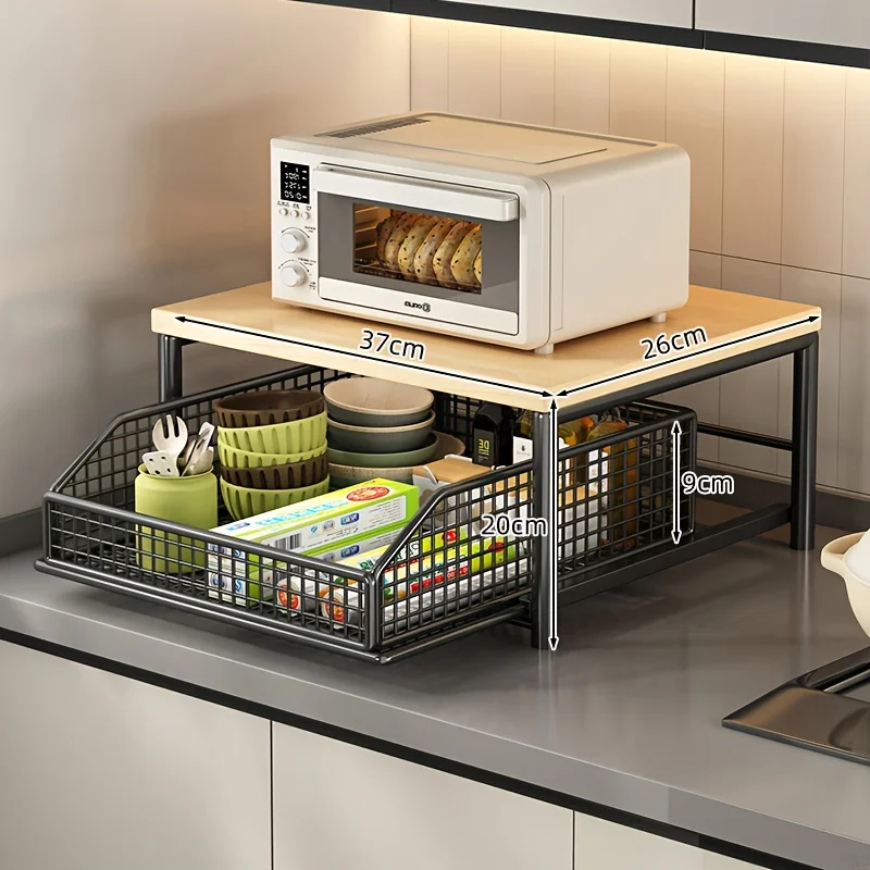 Modern kitchen microwave rack storage rack - sturdy solid wood and metal structure, space-saving countertop storage rack