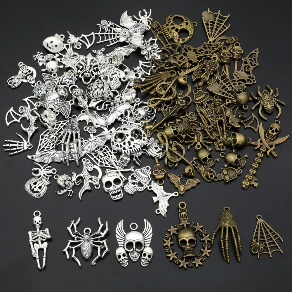 

50g/pack Mixed Halloween Bat Skull Spider Pumpkin Ghost Decorations Pendants Charms For Jewelry Making Supplies DIY Keychain