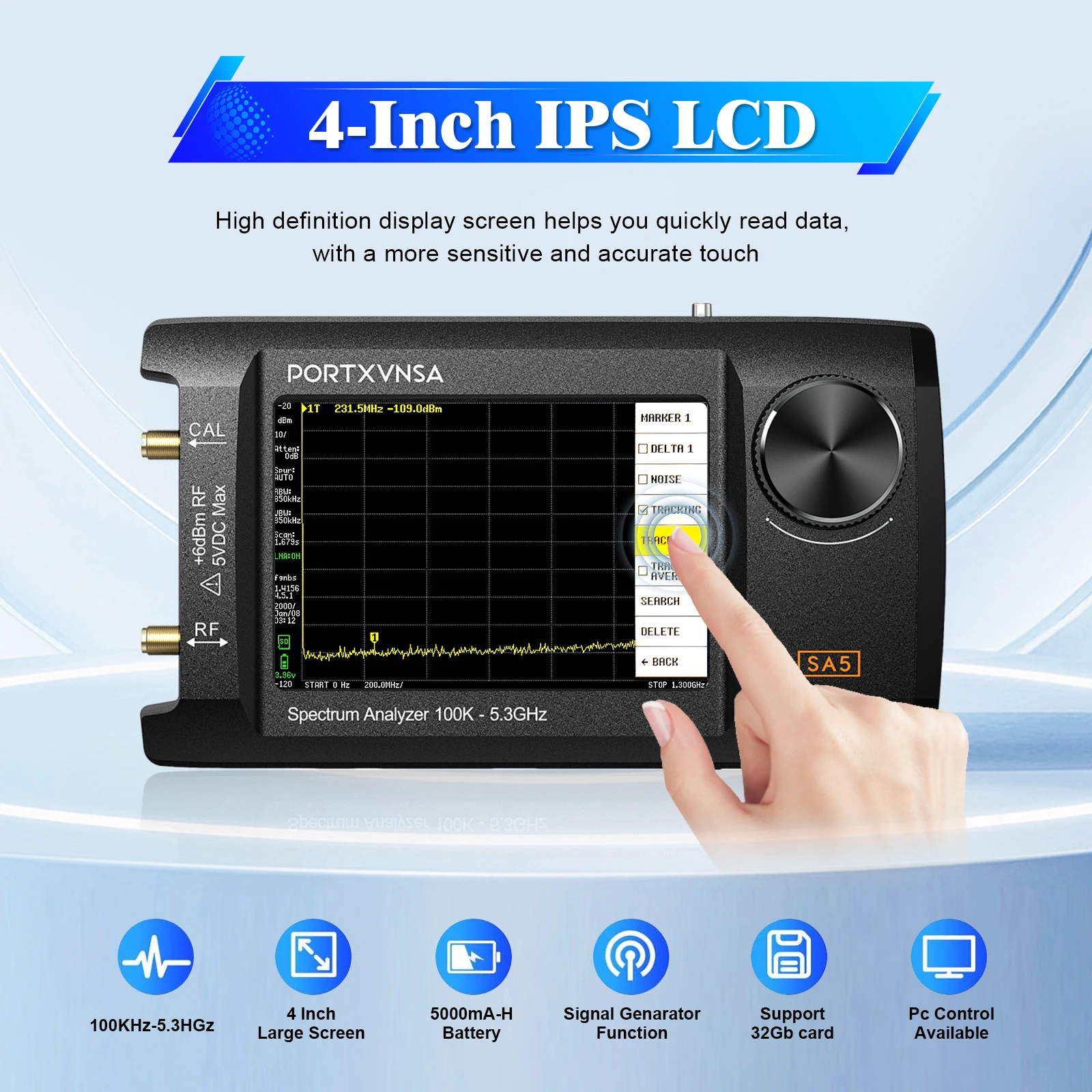 4 Inch IPS LCD SA5_32G Multi Functional Handheld Spectrum Analyzer 100k-5.3GHz 2-in-1 Signal Generator Built In 5000mAh