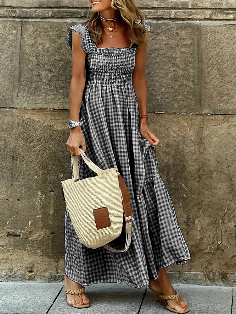 Plaid Long Dress Women Summer Boho Sleeveless Beach A-line Dress Female Elegant Vintage Square Collar Pleated Maxi Dress Ladies