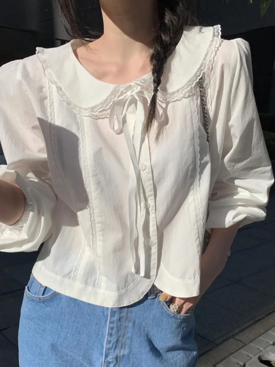 

Chic Korean Sle Lace Doll Collar irt Women's Anti-Aging Bubble Sve Top with Belt Design Long Sve Spring New Arrival