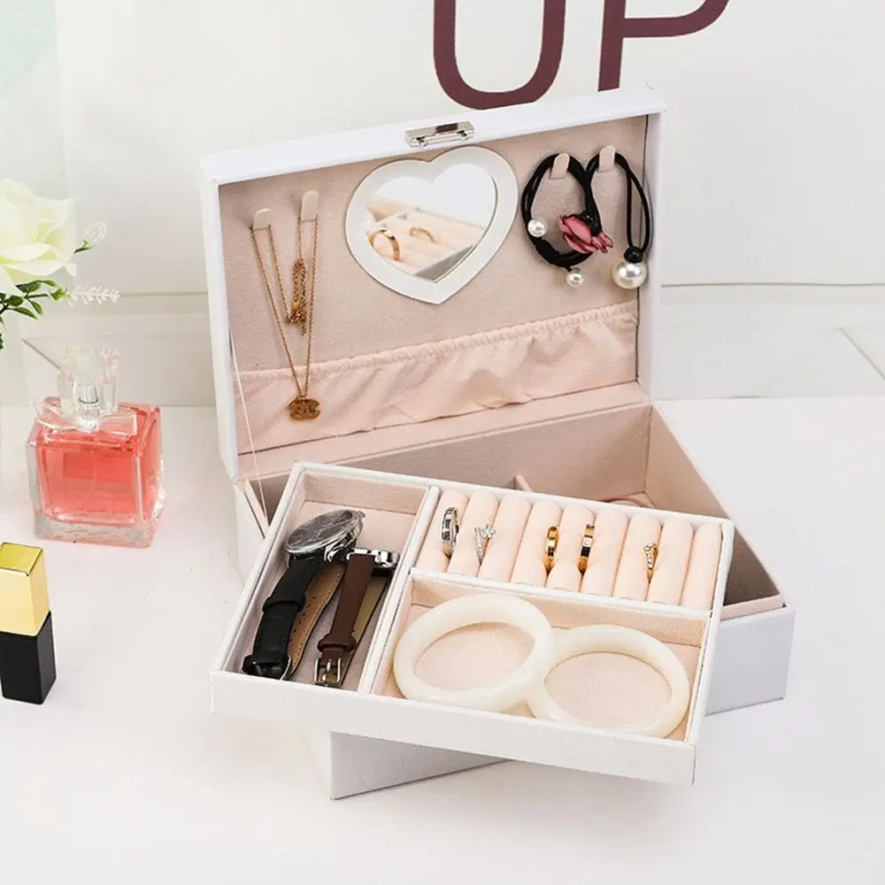 Practical PU Double Layer Jewelry Box Dustproof Lockable Jewelry Storage Box Large Capacity Cosmetics Box Earrings