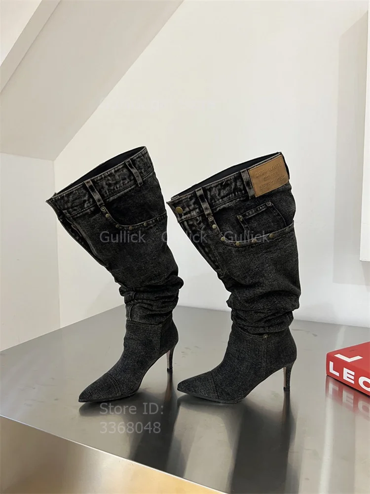 Stiletto Thin High Heel Sexy Pointy Toe Pleated Slouchy Denim Grey Knee High Boots Slip On 2026 Winter Women Dress Shoes view 2