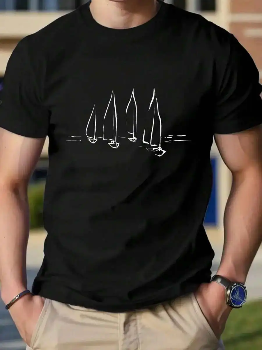 

Mens Black Casual Short Sleeve Tee With Sailboat Graphic Design