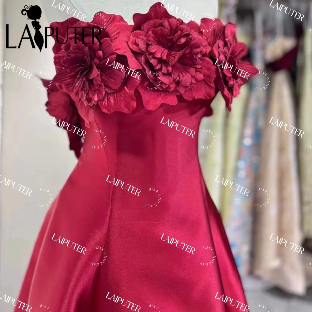 Hand-Made 3D Flowers Burgundy Long Prom Dresses off Shoulder Satin A line Dark Red Evening Gown Long Sleeves Woman Formal Dress