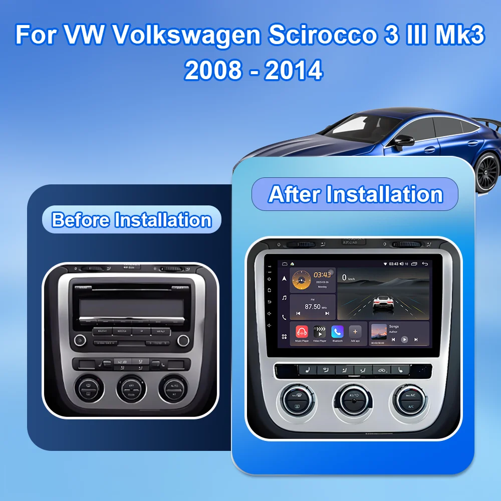 9 Inch Android 16 For VW Volkswagen Scirocco 3 III Mk3 2008 - 2014 8 Core WIFI Bluetooth Auto Navigation System Radio Multimedia