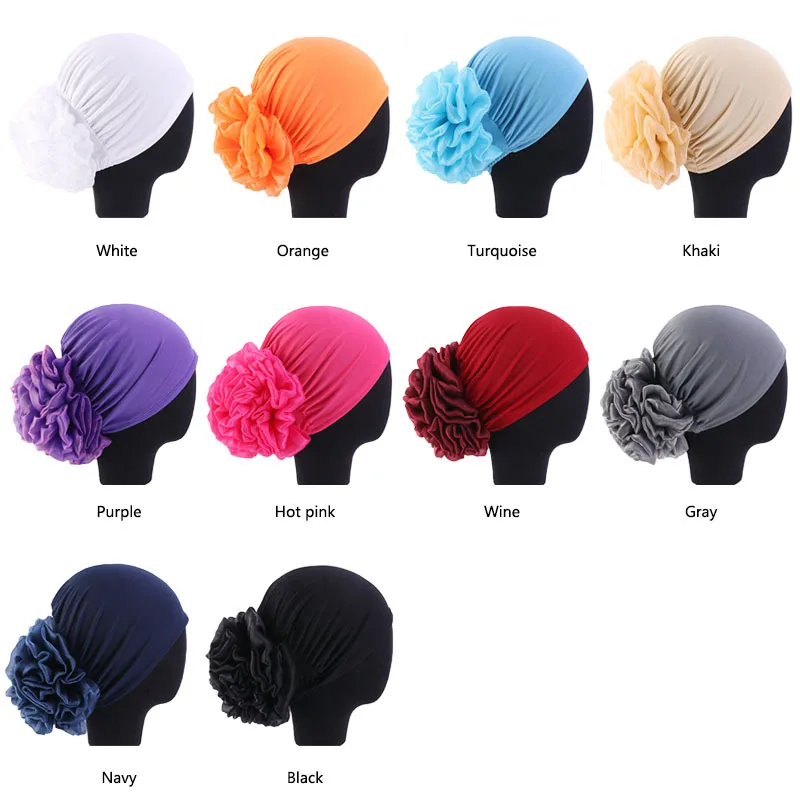 Woman Big Flower Turban Hair Accessories Elastic Cloth Hair Bands Hat Chemo Beanie Ladies Muslim Solid Hair Loss Scarf Cap