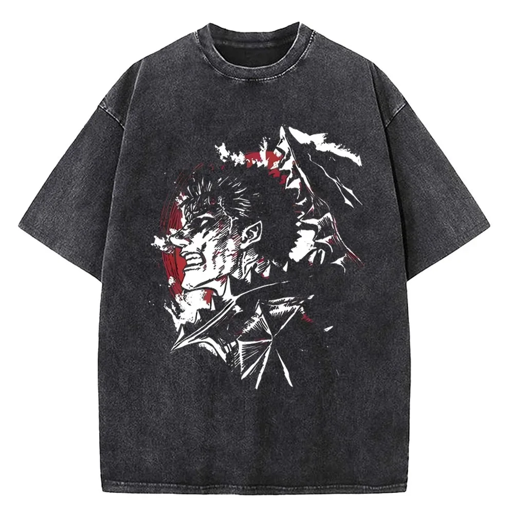 Berserk طباعة تي شيرت الرجال خمر غسلها تي شيرت أنيمي الشجاعة الجرافيك الراقية الفاخرة المتضخم منتج ساخن غسلها خمر فضفاض #1