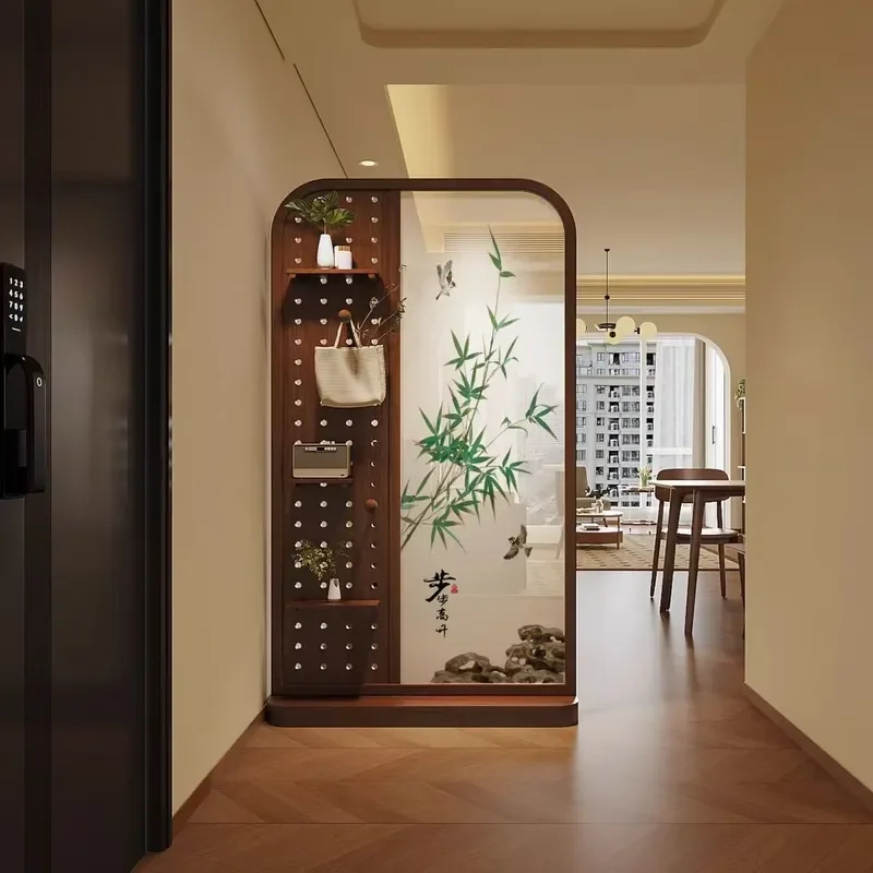 French Modern Solid Wood Room Divider with Perforated Panel Mobile Privacy Screen for Living Dining Entryway Multi Functional