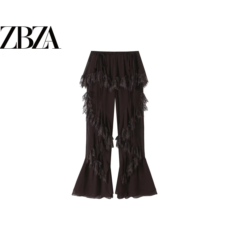Elegant Lace Splicing Transparent Design Long Pants for Women Straight Leg Pants Natural Waist Polyester Fiber Casual Pants