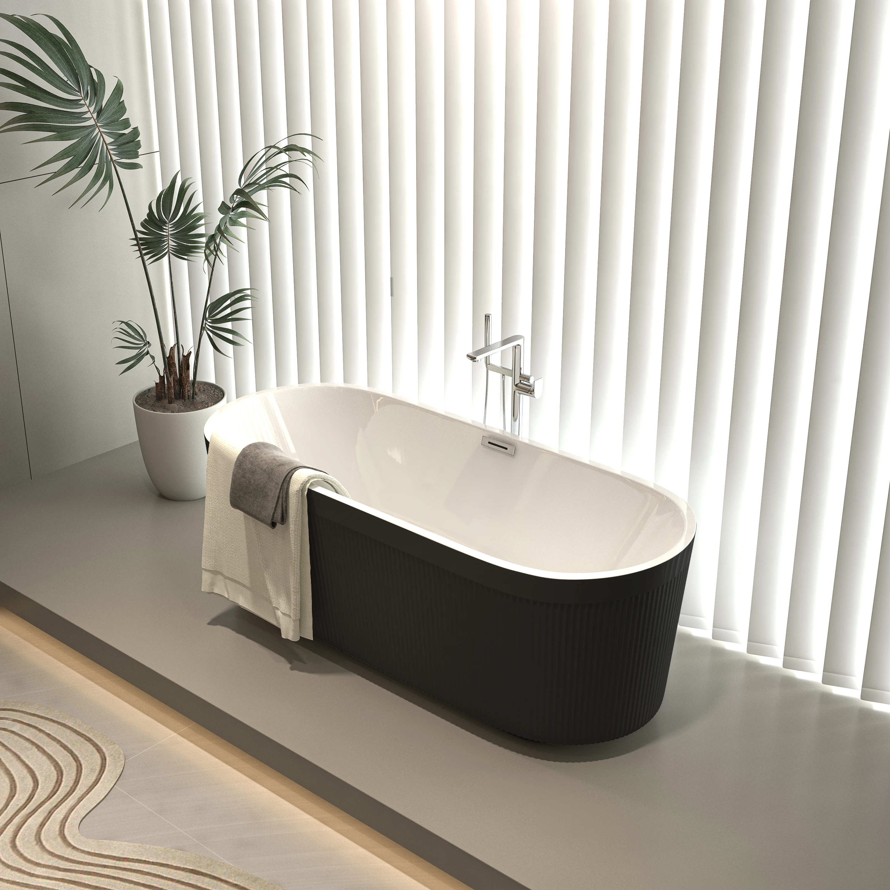 

59" Acrylic Freestanding Bathtub with Unique Pleated Design: Spacious Oval Shape, Gloss Black Finish, Brushed Nickel Overflow &