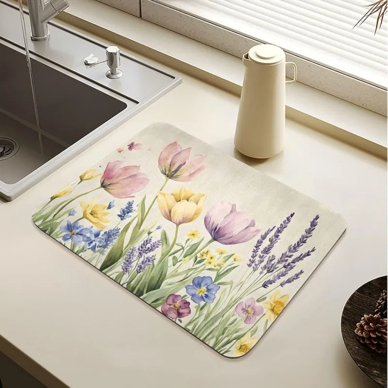 Watercolor Tulip Lavender Dish Drying Mat Vintage Floral Kitchen Counter Mat Cottagecore Coffee Bar Pad Absorbent Decor