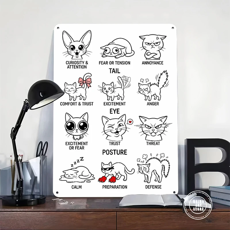 Cat Emotions and Body Language Guide Metal Poster Customized Wall Art Retro Vintage Metal Signs for Man Cave Desk Decor Room